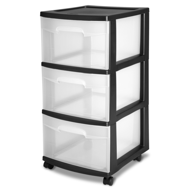 Sterilite 3 Drawer Plastic Cart, Black with Clear Drawers, Adult