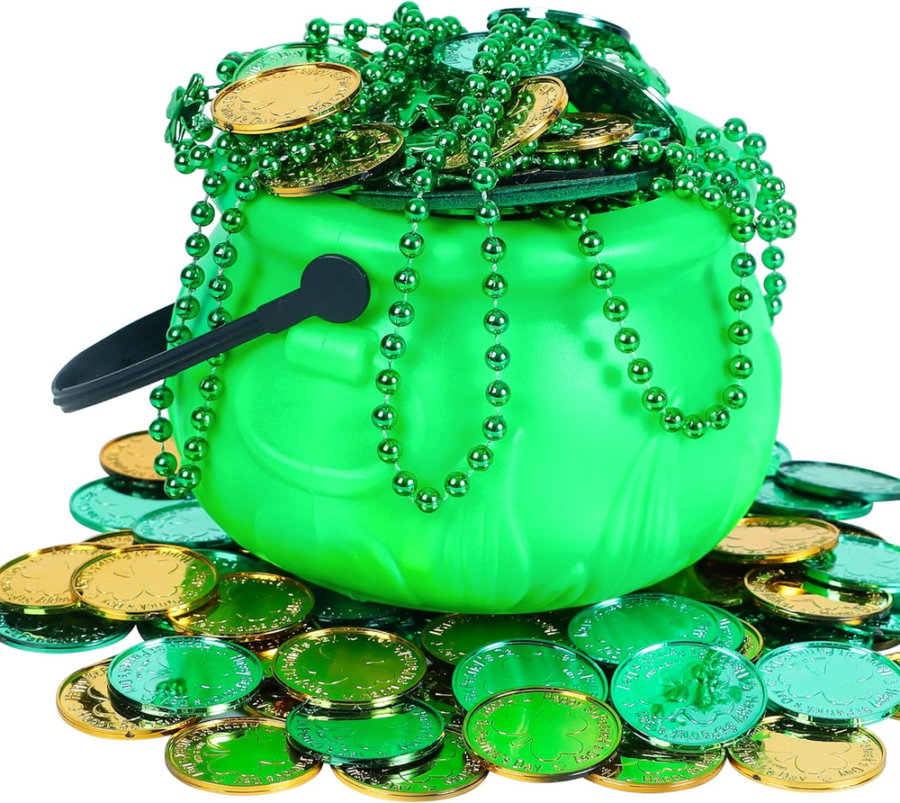 5 Inch St Patricks Day Green Cauldron Set with 100 Coins & Bead Necklace