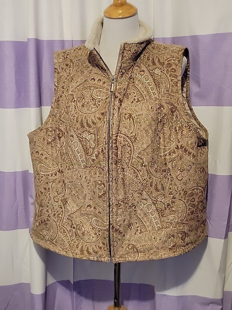 Charter Club Woman Brown Paisley Print Sleeveless Zipped Vest Fleece Collar 2X
