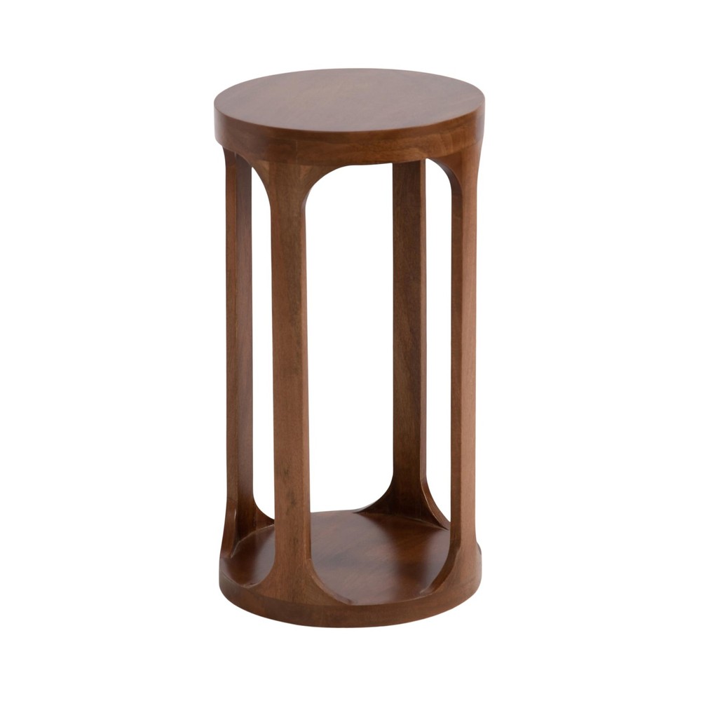 Modern Walnut Brown Slatted Round Drink Table - 12x23 Inches