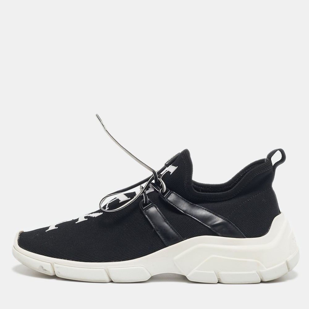 Prada Black and White Knit Logo Sneakers in Size 39