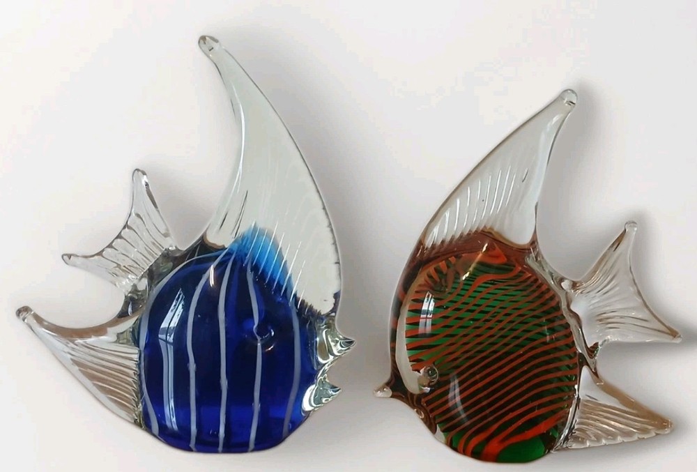 Hand-Blown Art Glass Fish Pair • Solid Decorative Figurines • Murano Style