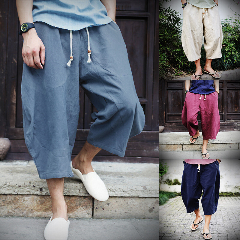 Men's Casual Cotton Linen Shorts 3/4 Length Yoga Fitness Baggy Loose Fit Pants ◁