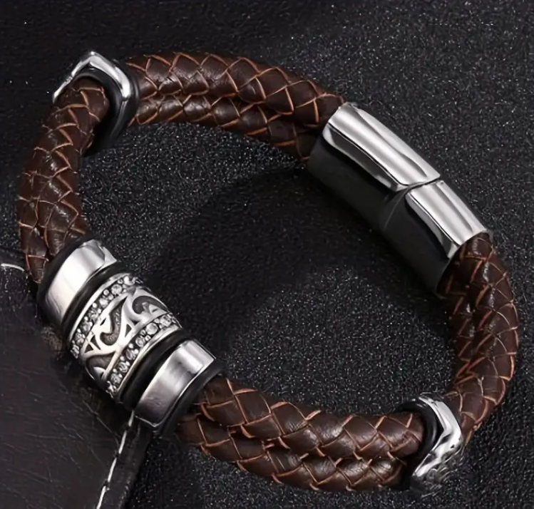 Men’s BROWN Leather Braided Bracelet w/ Silver Charm 8.66