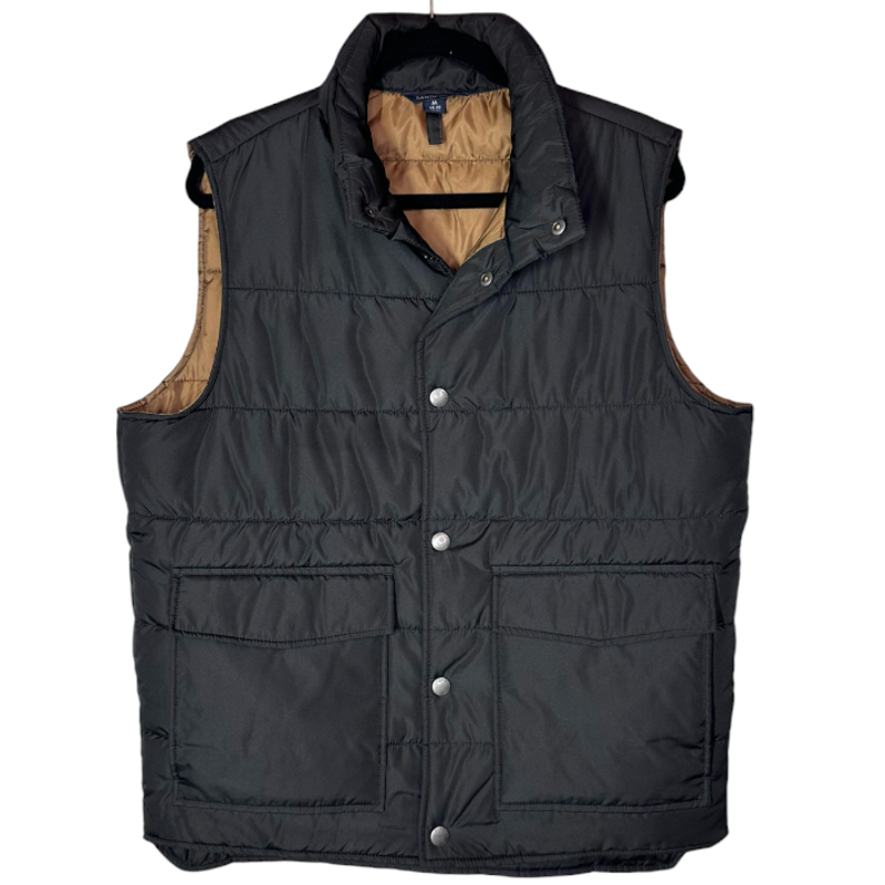 Lands End Mens Medium Puffer Vest with Snap Front and 2-Way Pockets Black Brown 38-40