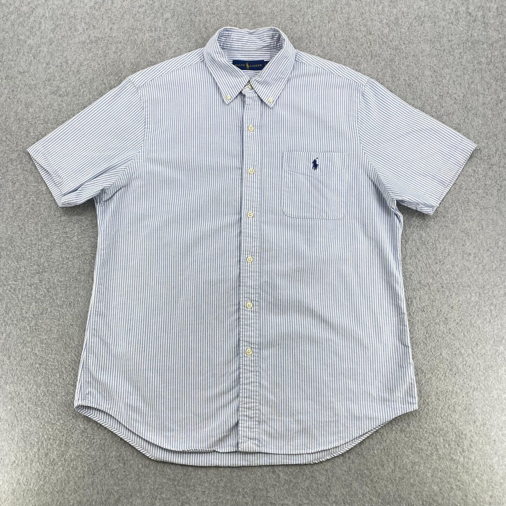 Polo Ralph Lauren Oxford Shirt Men's Large Blue Stripe Short Sleeve Pocket Pony