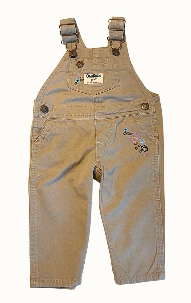 OshKosh B’gosh Girl Khaki Floral Embroidered Vestback Overalls 6 Months Cotton