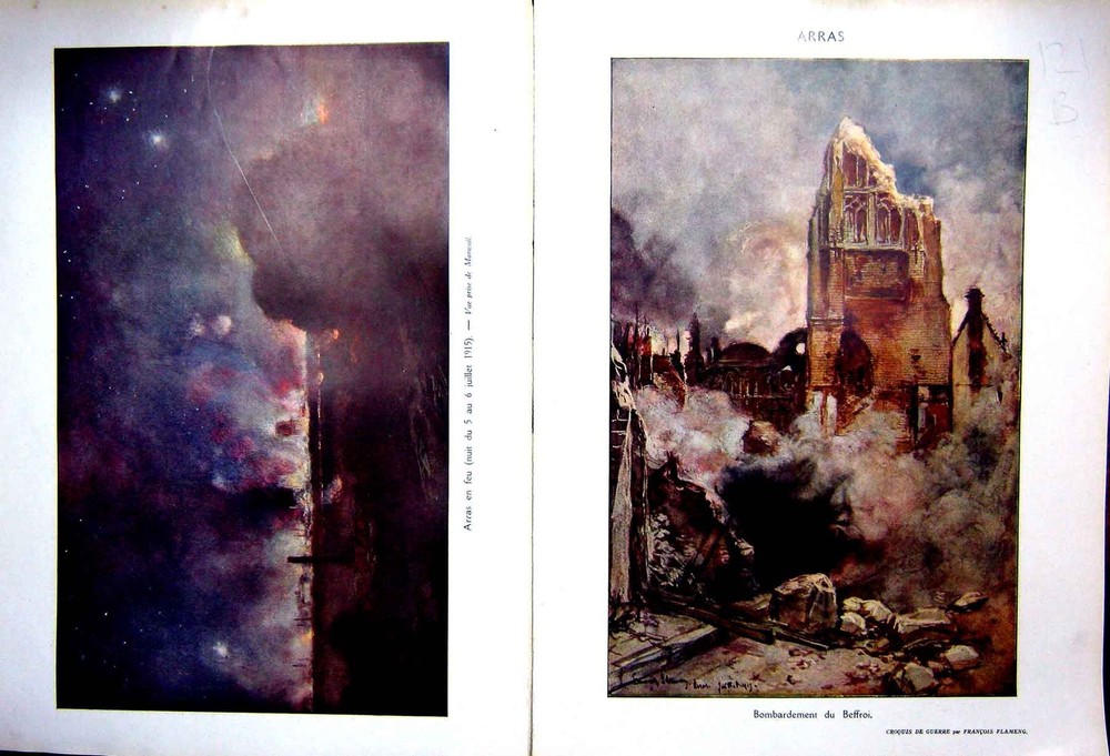 Old Vintage Print Arras Beffroi Cathedral Ww1 Attack Ruins French 1927