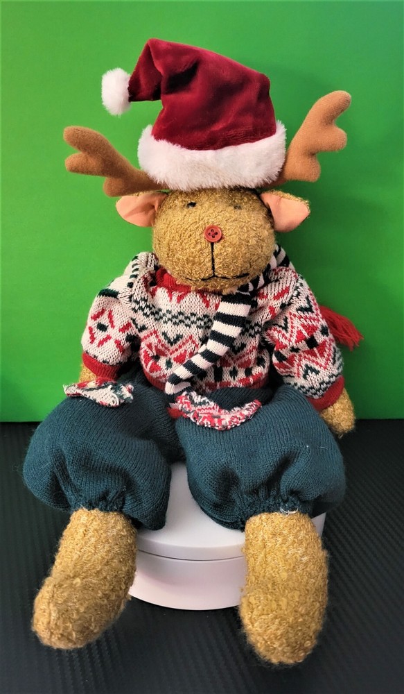 Christmas Reindeer with Santa Hat & Sweater 18” Long Shelf Sitter Dangling Legs