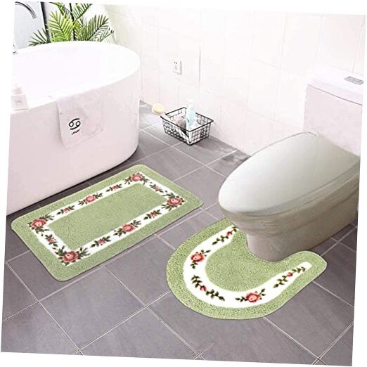Floral Rose Bathroom Rug Set - 2-Piece Microfiber Non-Slip Shower Mat in Sage Green