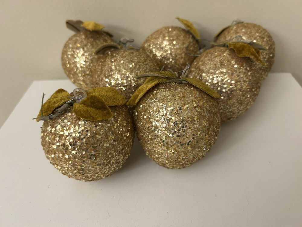 Vintage Apple Ornaments Set of 7 Gold Glitter with Velvet Leaves 3 Inch Christmas Decor