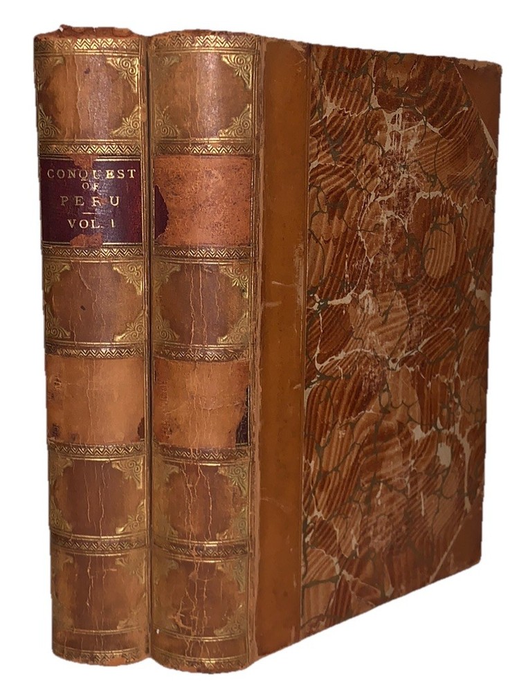 c.1890, HISTORY OF THE CONQUEST OF PERU, PRESCOTT, 2 BEAUTIFUL LEATHER VOLS, NR