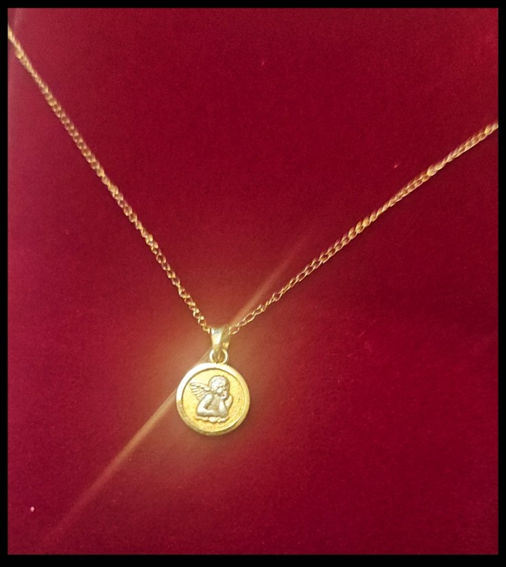 14K Solid Yellow & White Gold Angel Cherub 14 in Curb Chain Pendant Necklace