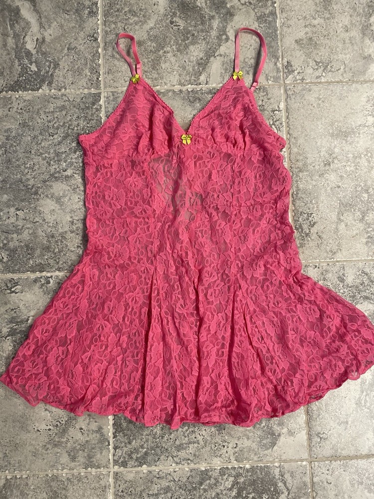 Betsey Johnson Intimates Pink Babydoll Chemise Yellow Bows Lingerie Size Large