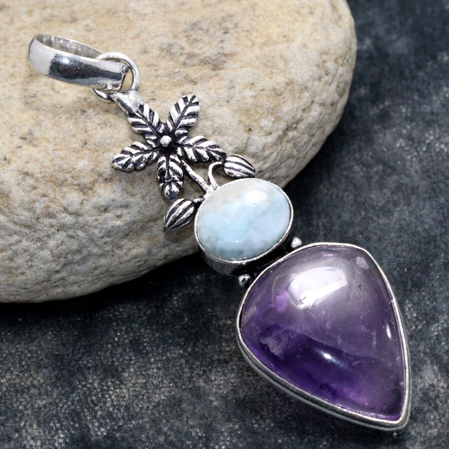 925 Silver Plated Natural Amethyst Larimar Long Pendant Size 2.6
