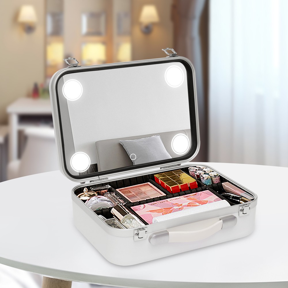 Dimmable LED Light Mirror Women Cosmetic Bag Travel Makeup Case Organizer Large