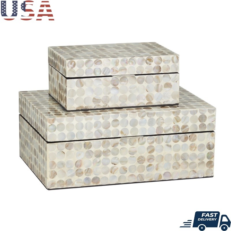 Handmade Mother of Pearl Geometric Storage Box Set with Hinged Lids