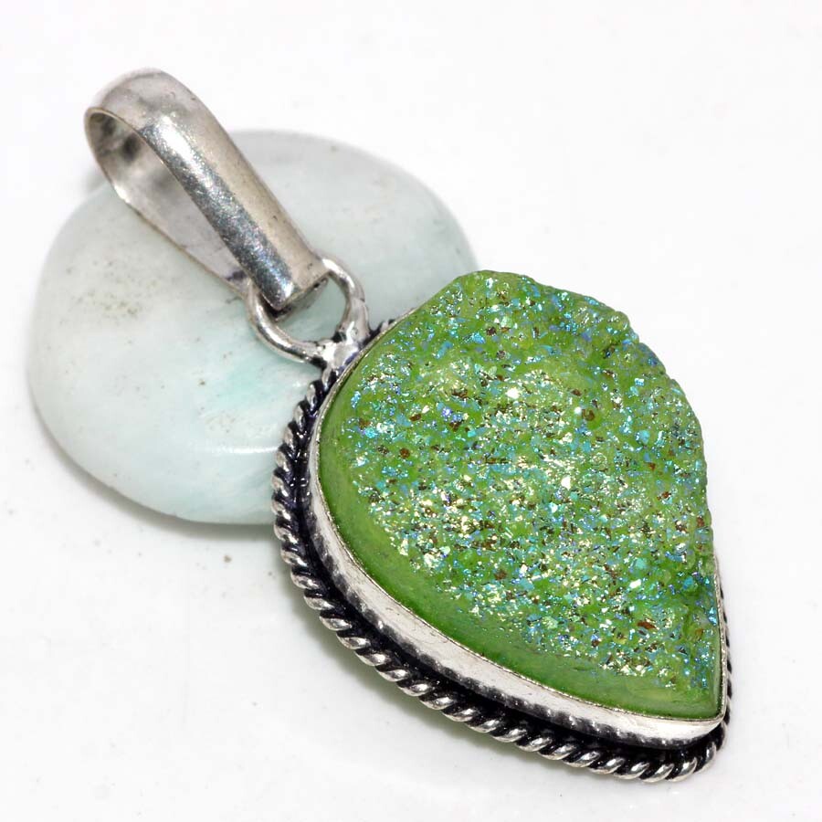 Titanium Druzy 925 Silver Plated Gemstone Pendant 1.8