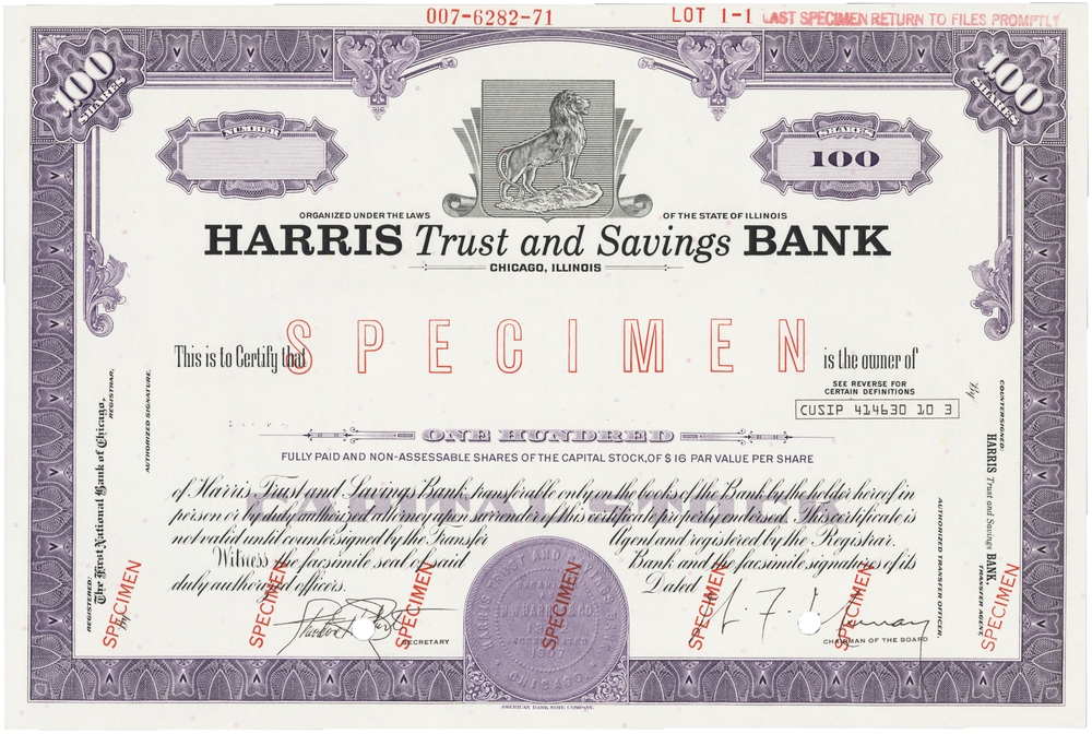 Harris Trust and Savings Bank. Stock Certificate