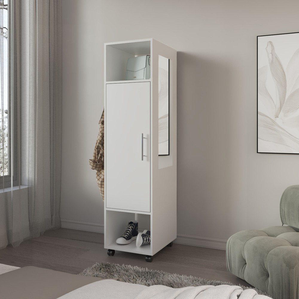 White Armoire 62.9H with Door, 3 Shelves & Full-Length Mirror