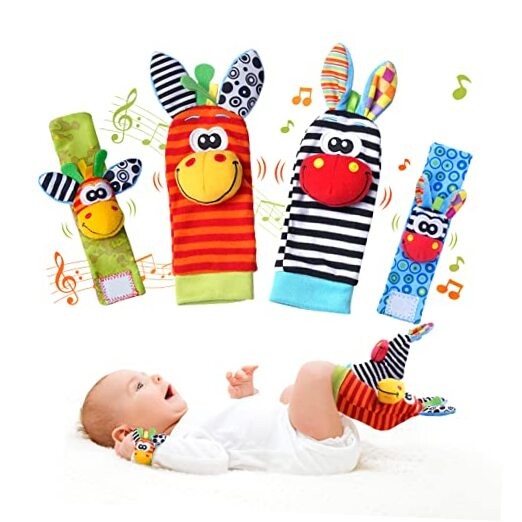 Soft Baby Wrist Rattles and Foot Finder Socks Set for Newborns 0-6 Months