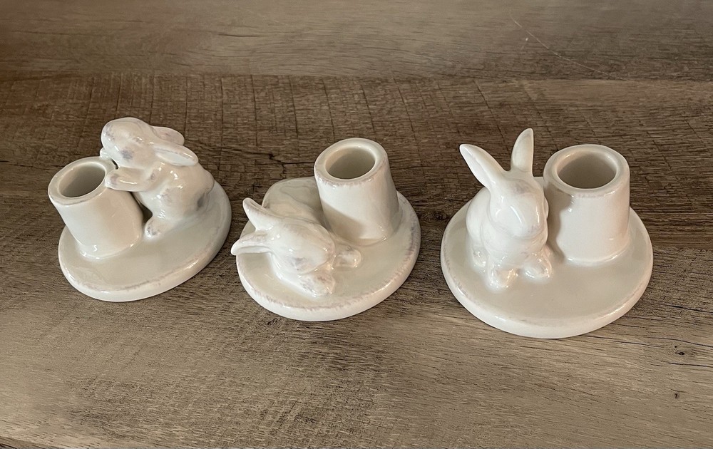 Set of Three Bunny Taper Candle Holders In Soft Cream Color