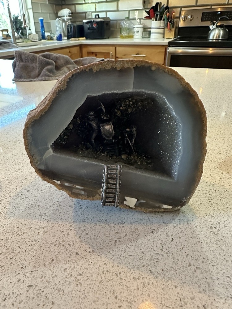 Agate Geode Mineral Crystal Rock Mine Figurine with Pewter Miners