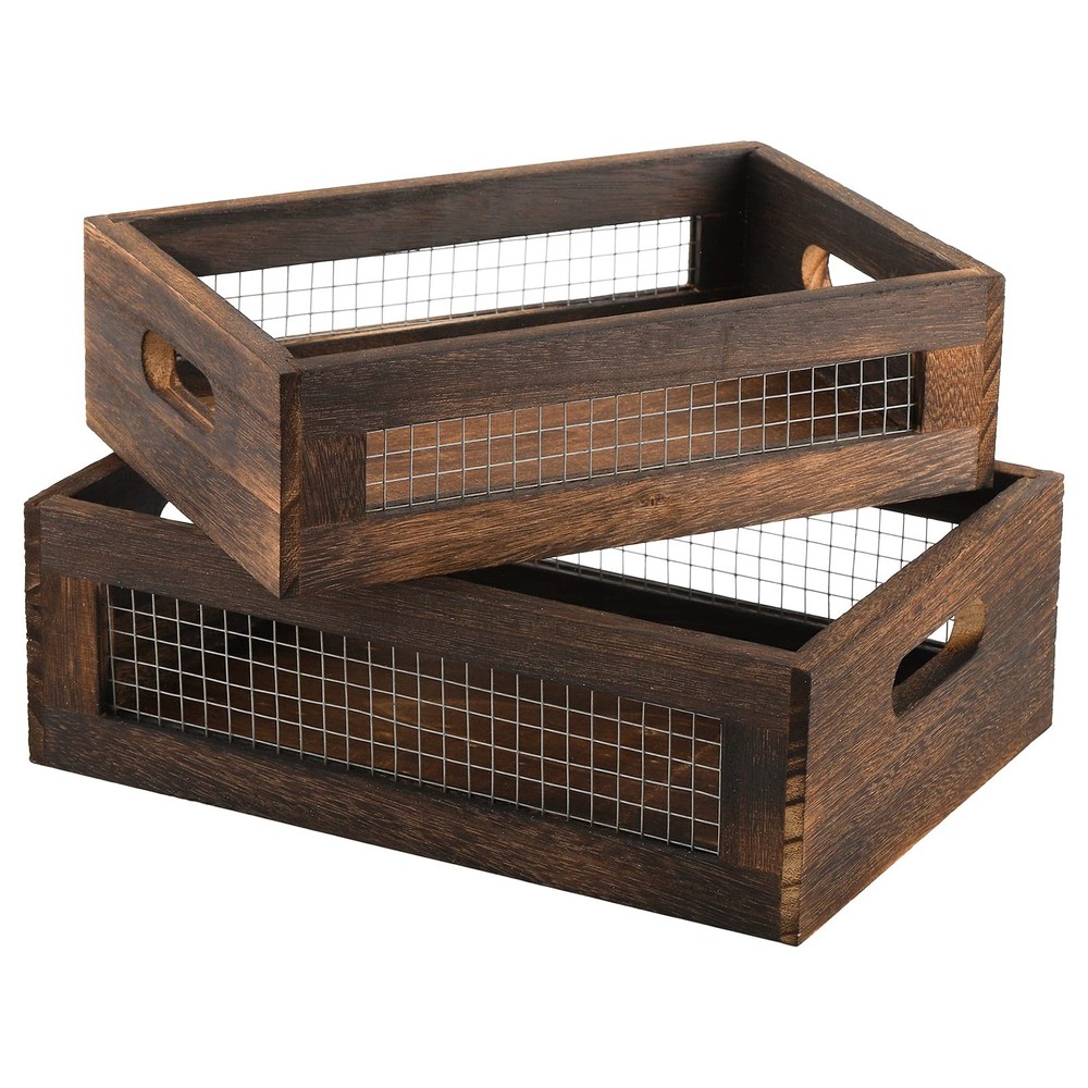 Set of 2 Rustic Nesting Boxes, Wooden Organizer Crates Basket, Small Decorati...