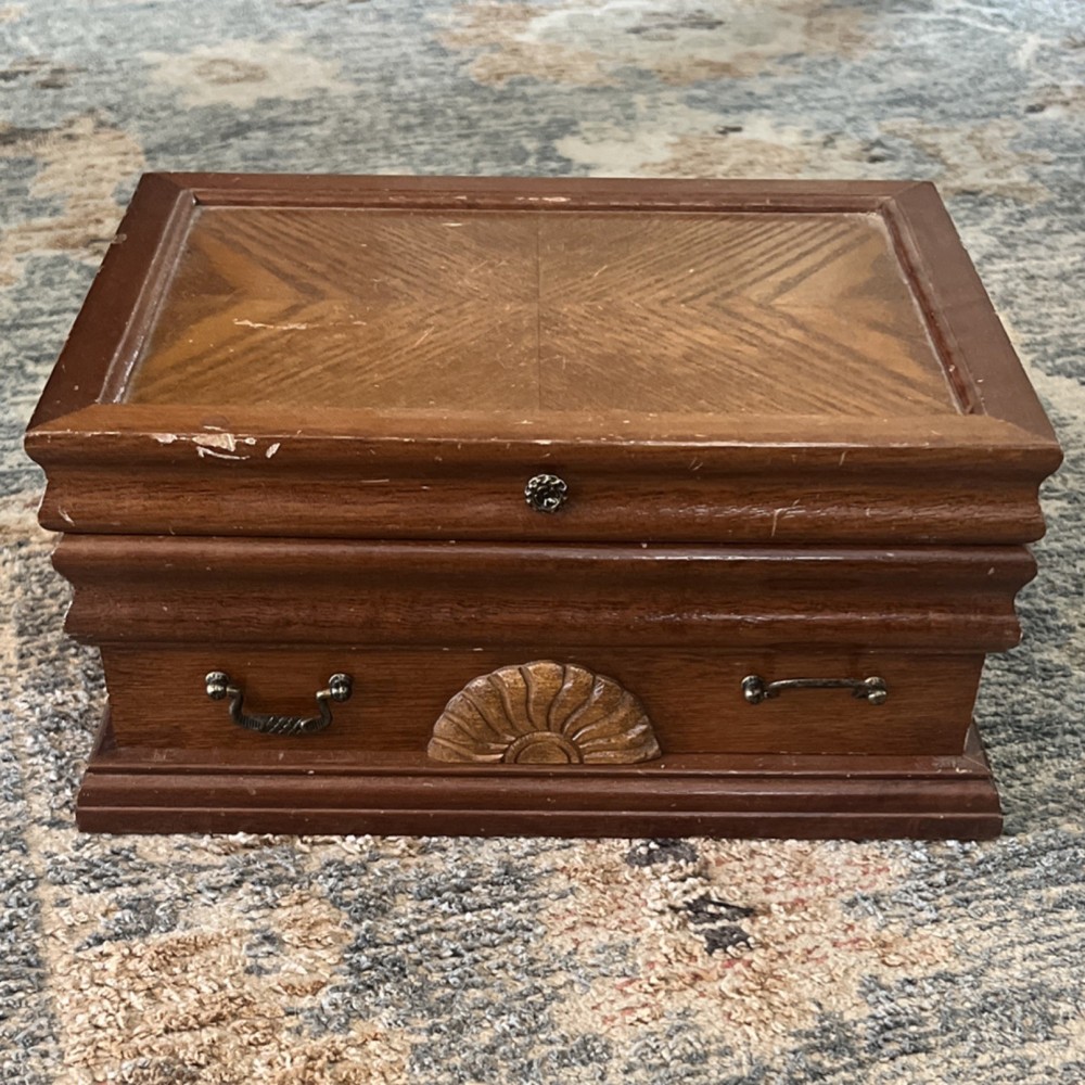 Vintage Brown Wood Jewelry Box with Lining Drawer Multiple Compartments