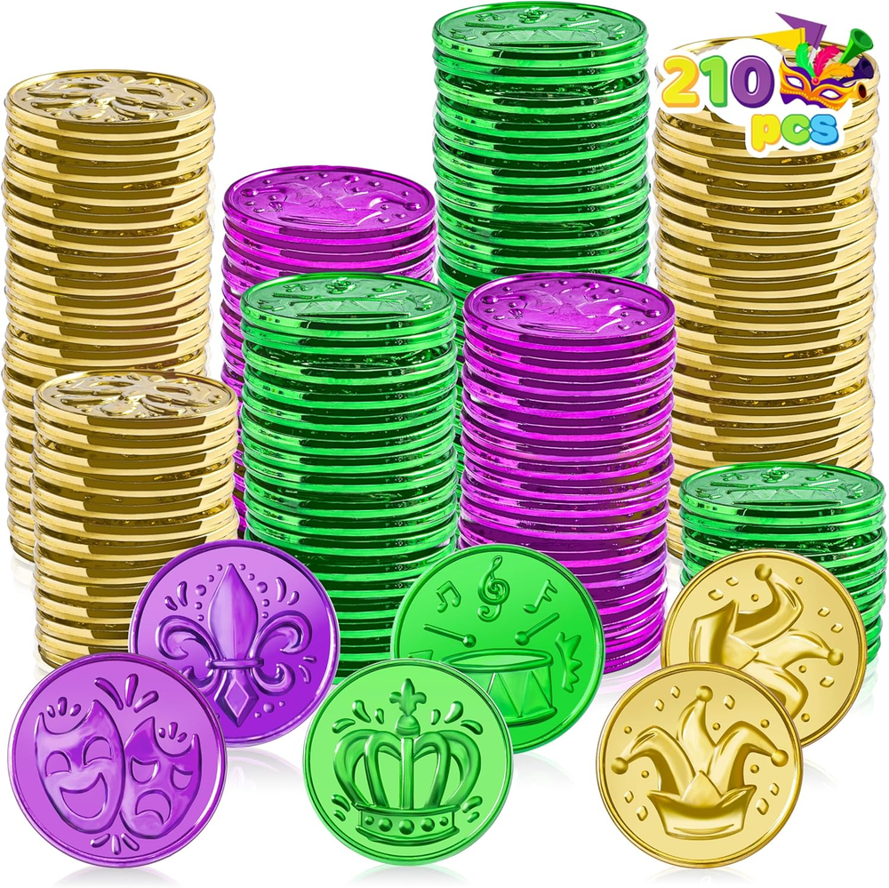 210 PCS Mardi Gras Coins, Green Purple Gold Plastic Coins Mardi Gras Decorations