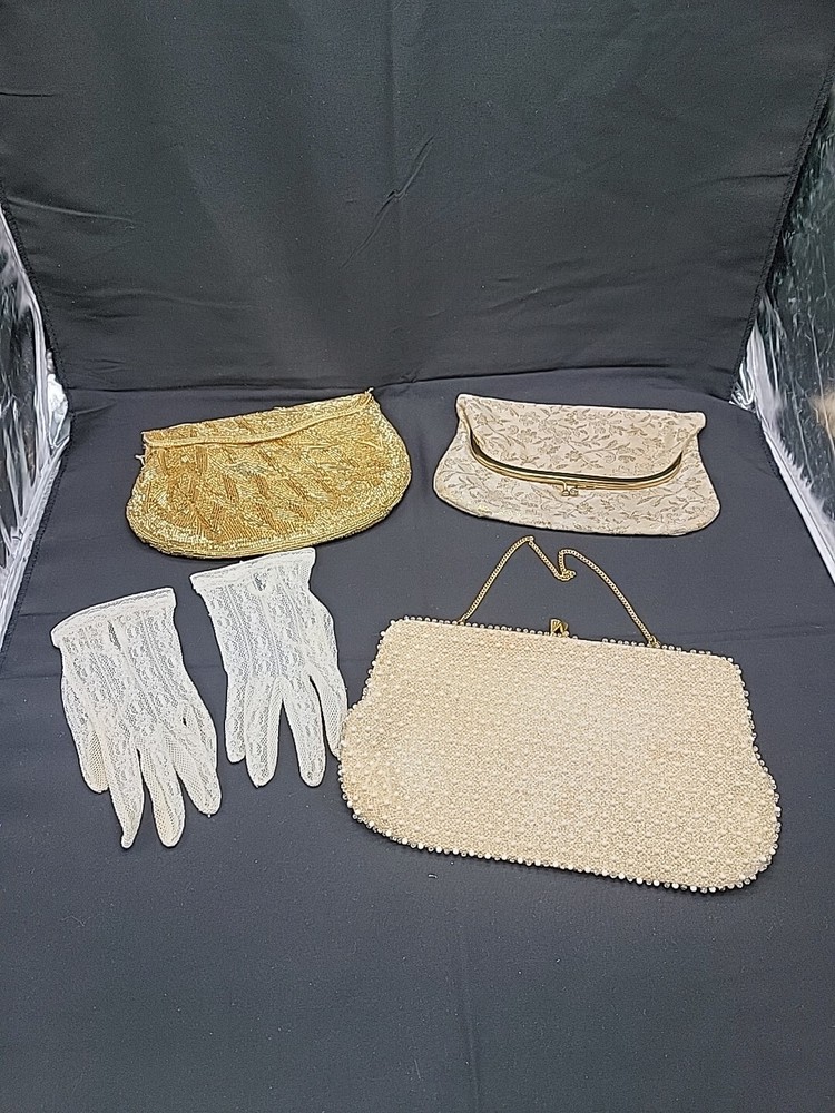 Lot Of 3 Vintage Clutches And Size Small Lace Gloves