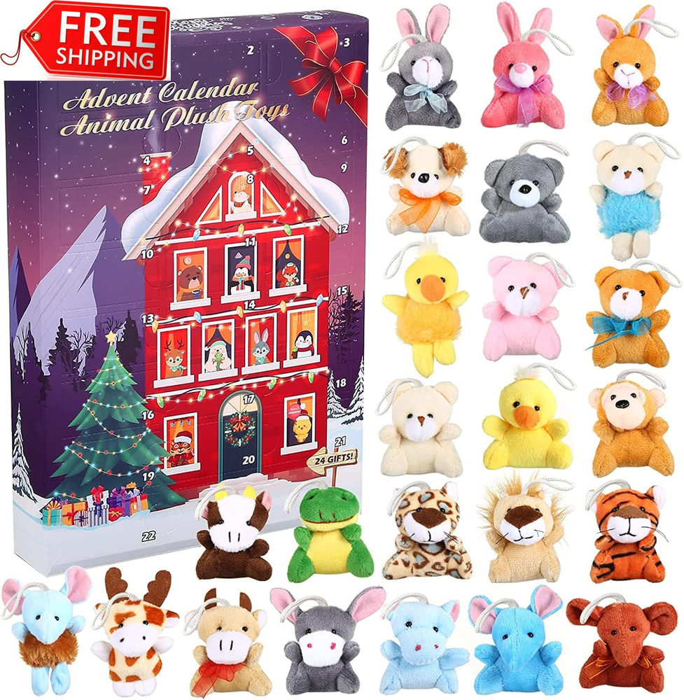 Advent Calendar 2024 for Kids, Mini Animal Plush Toy with 24 Different Stuffed A