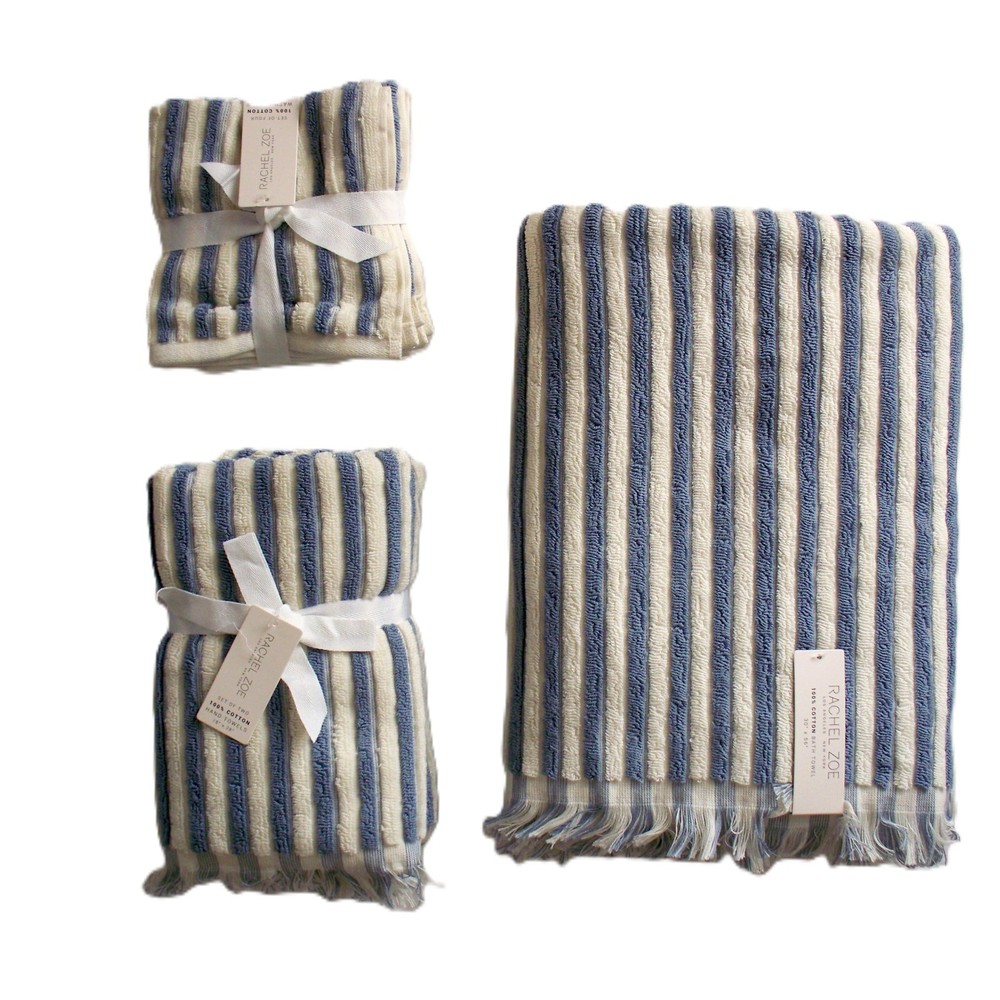 Selection of Rachel Zoe Blue White Stripe Towels Bath/Hand/Washcloth Cotton NWT