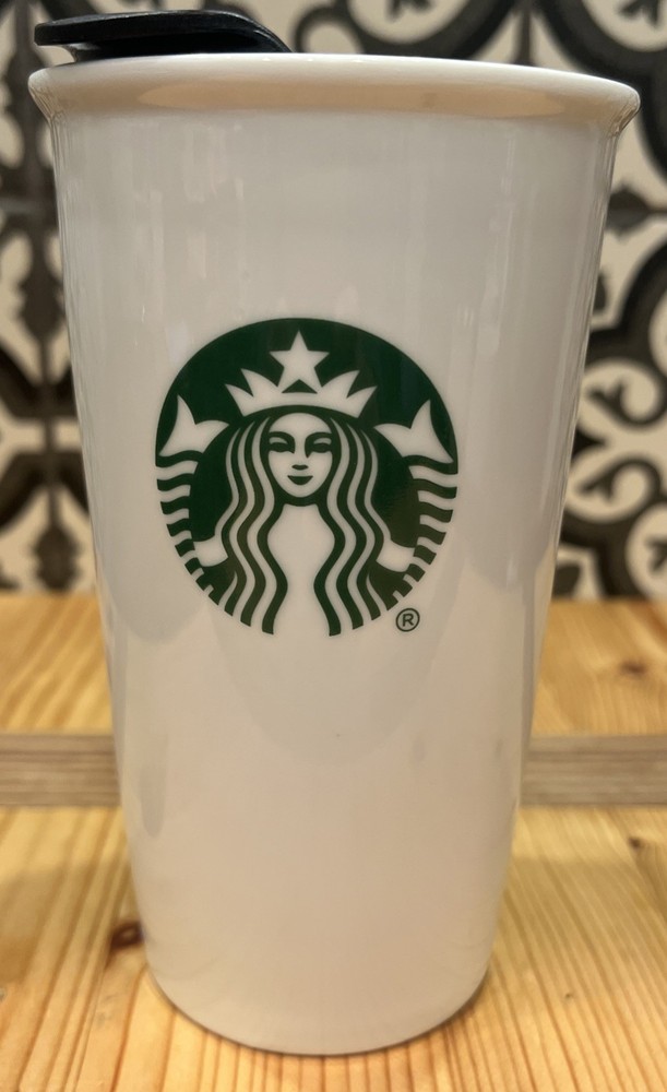 STARBUCKS Classic Green Mermaid Logo White Ceramic Travel Tumbler 10 oz