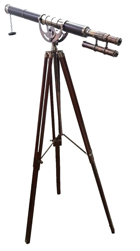 Double BarrelTelescope With Wooden Stand Nautical Floor Standing Brass Telescope