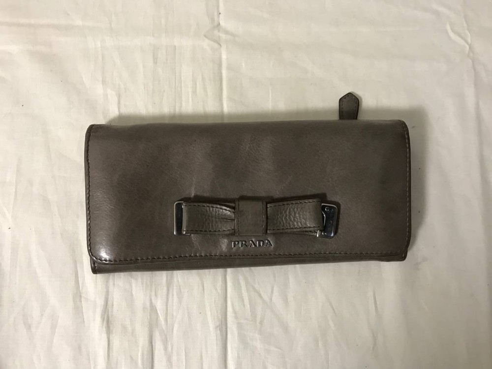 Genuine PRADA leather ribbon two fold long wallet wallet bill holder gray men s