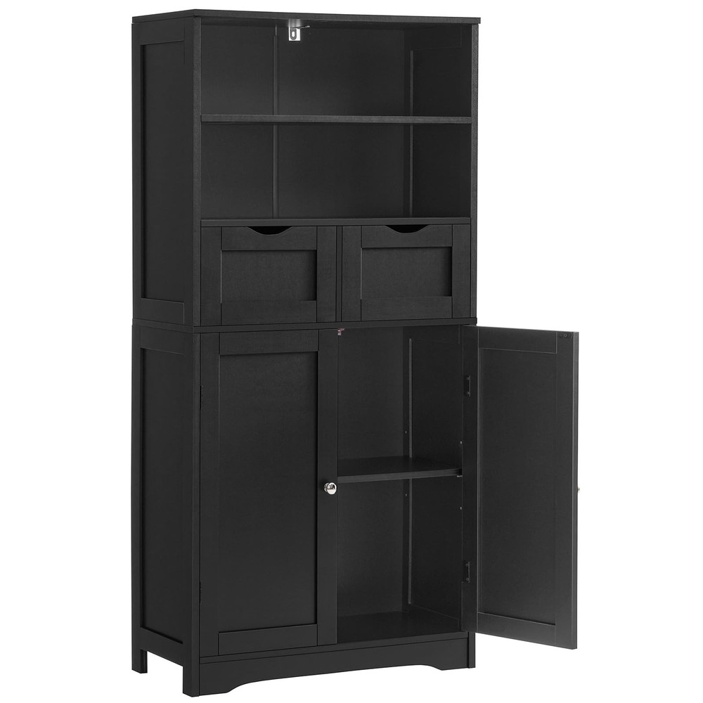 Tall Black Storage Cabinet with 2 Drawers & Adjustable Shelves