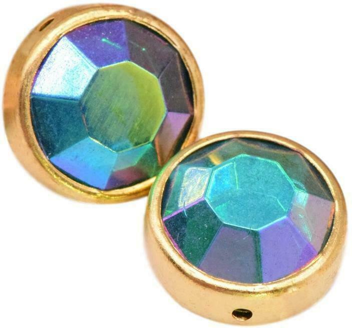 Swarovski Glass Aurora Borealis Emerald Rondelle Beads Faceted in Bezel 12 mm