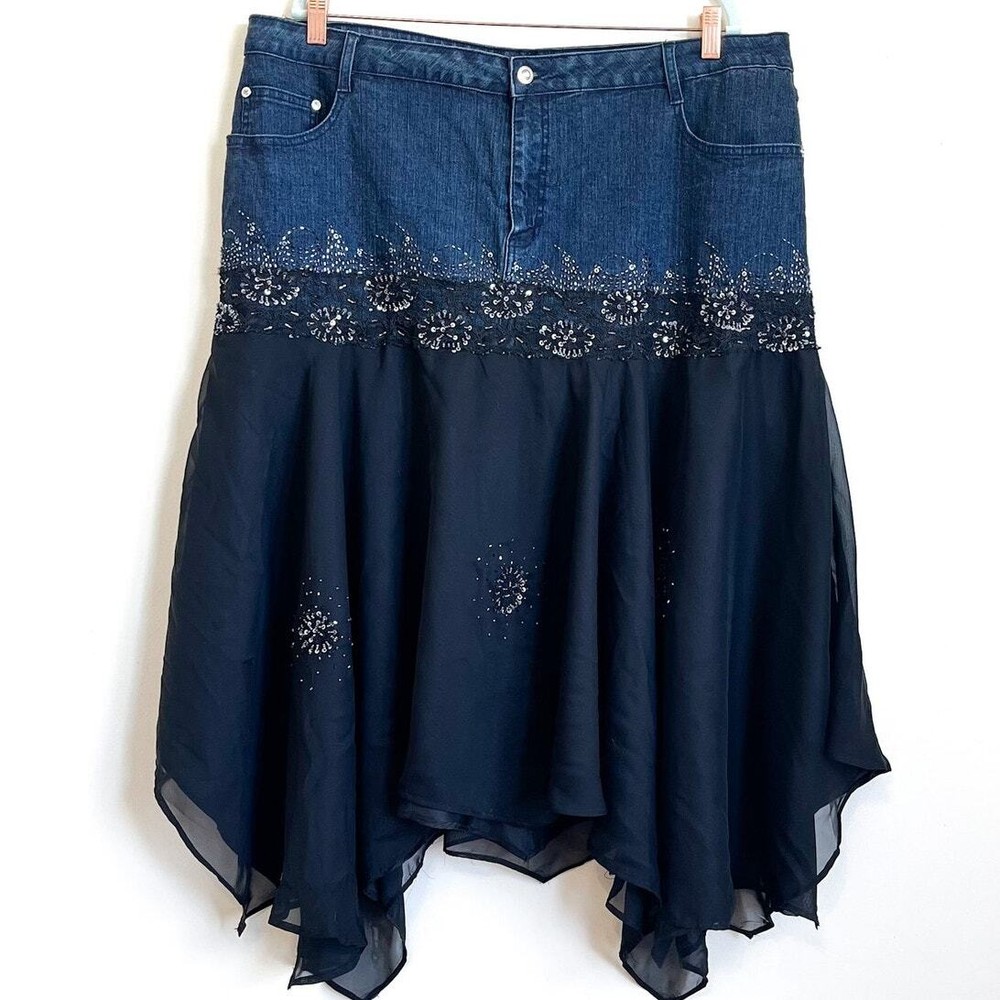 VTG Y2K Sequin Fairy Grunge Skirt Size 22W Black Denim Asymmetric Whimsigoth