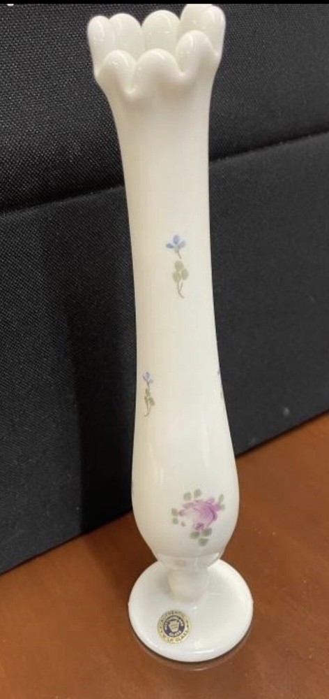 Vintage White Milk Glass Swung Vase with Floral Design