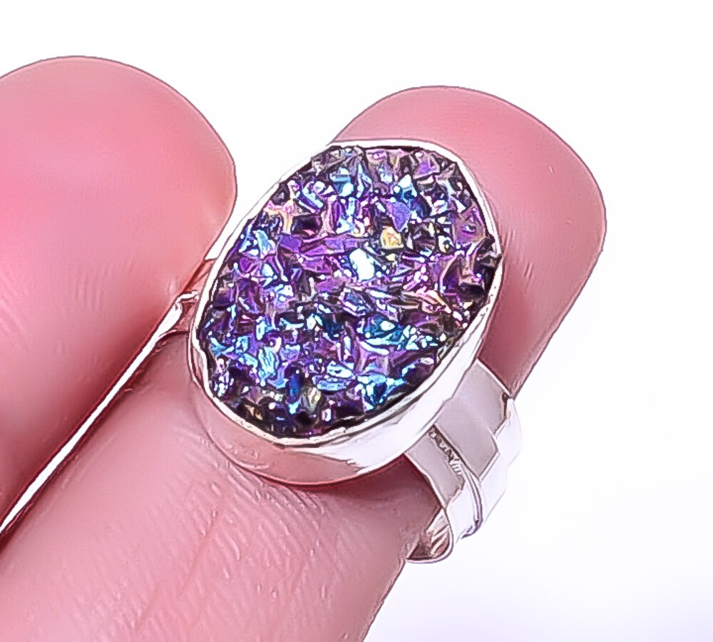 Titanium Agate Drusy Handmade 925 Sterling Silver Ring s.7.5 R6076-15