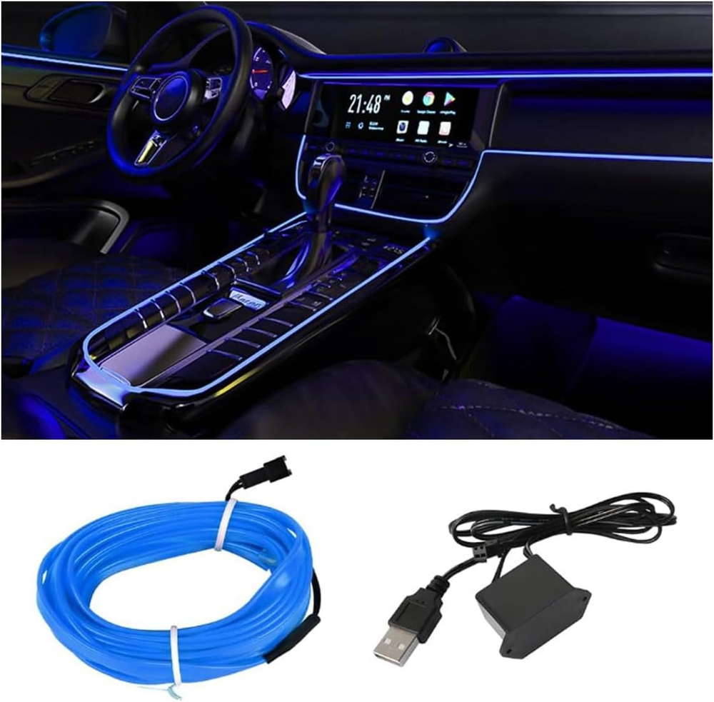 EL Wire Interior Car LED Strip Lights, USB Car Neon Light Strip with Sewing Edge