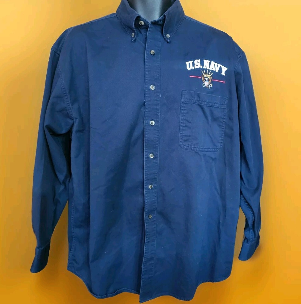 Vantage US Navy Mens Large Blue Long Sleeve Button-Down Woven Shirt EUC