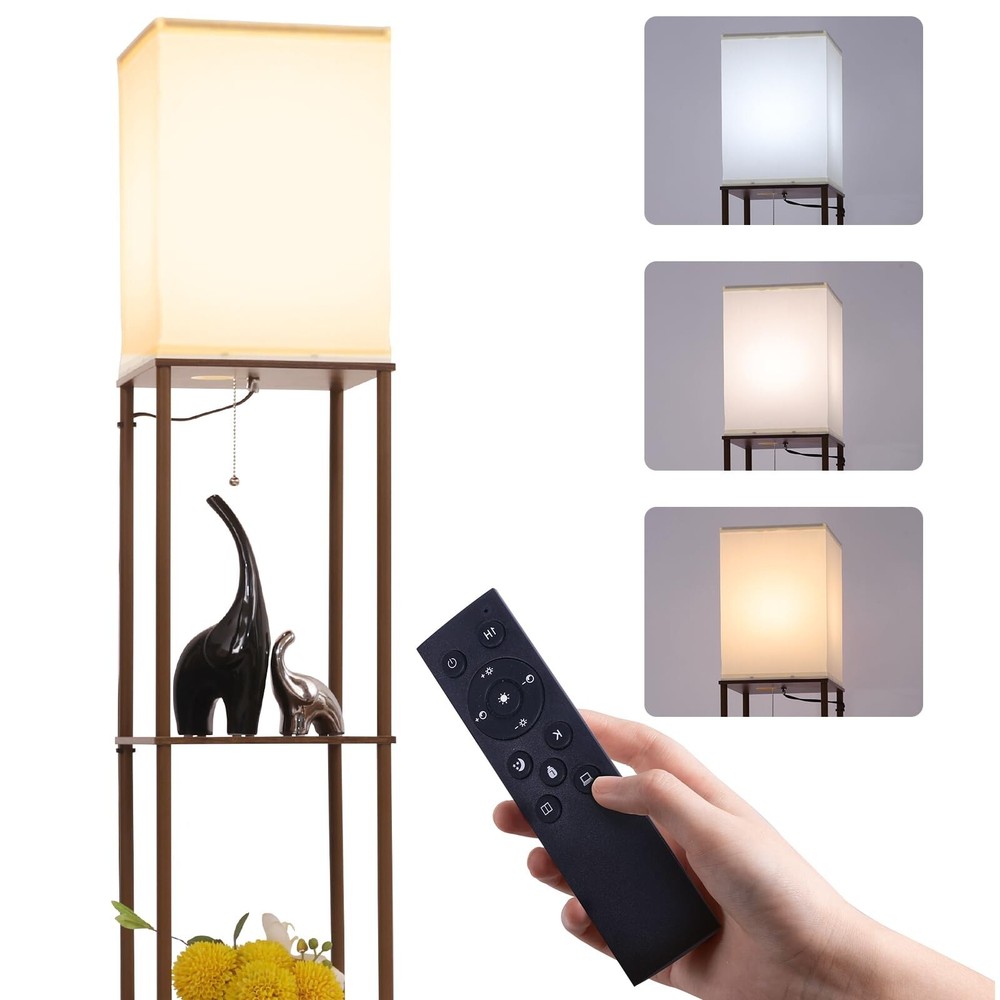 Modern Square Floor Lamp with Shelves & 3-Color Remote Control