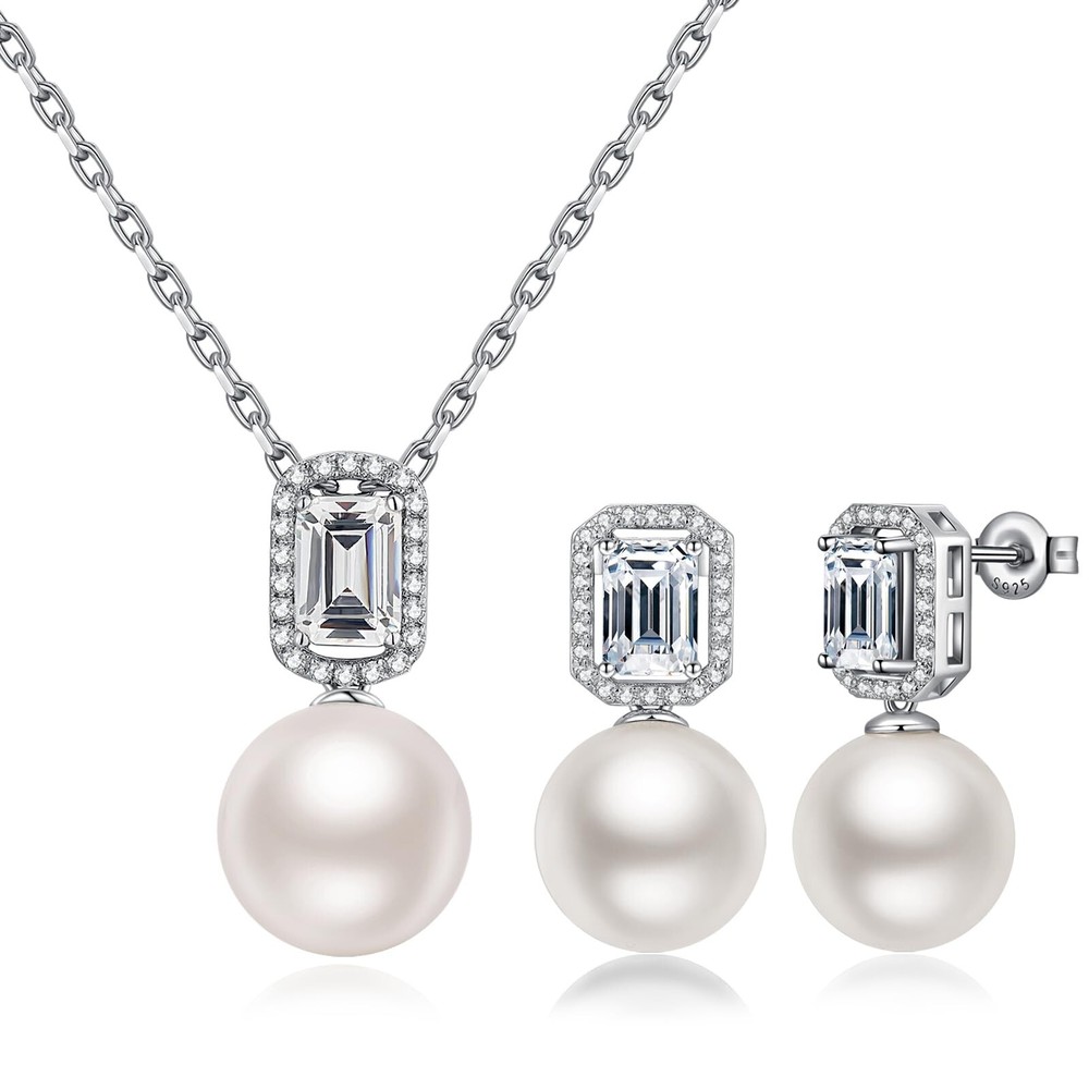925 Sterling Silver Pearl Jewelry Set for Women, Glossy Simulated Pearl Earri...