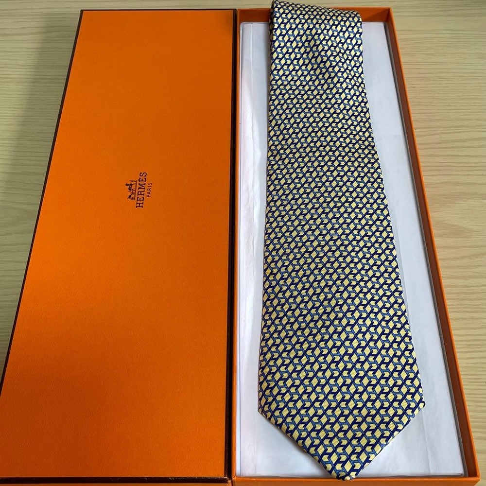 HERMES Necktie Tie Yellow Blue Geometric Made in France Used Men's 100% Silk