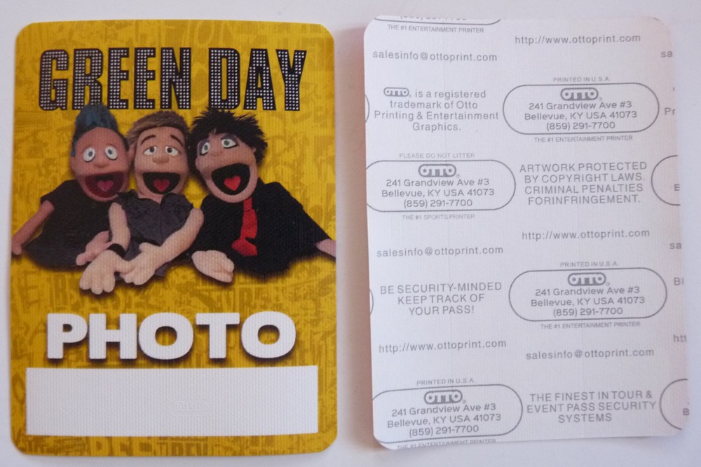Green Day RARE Muppets Tour Yellow Concert Photo Backstage Pass D6