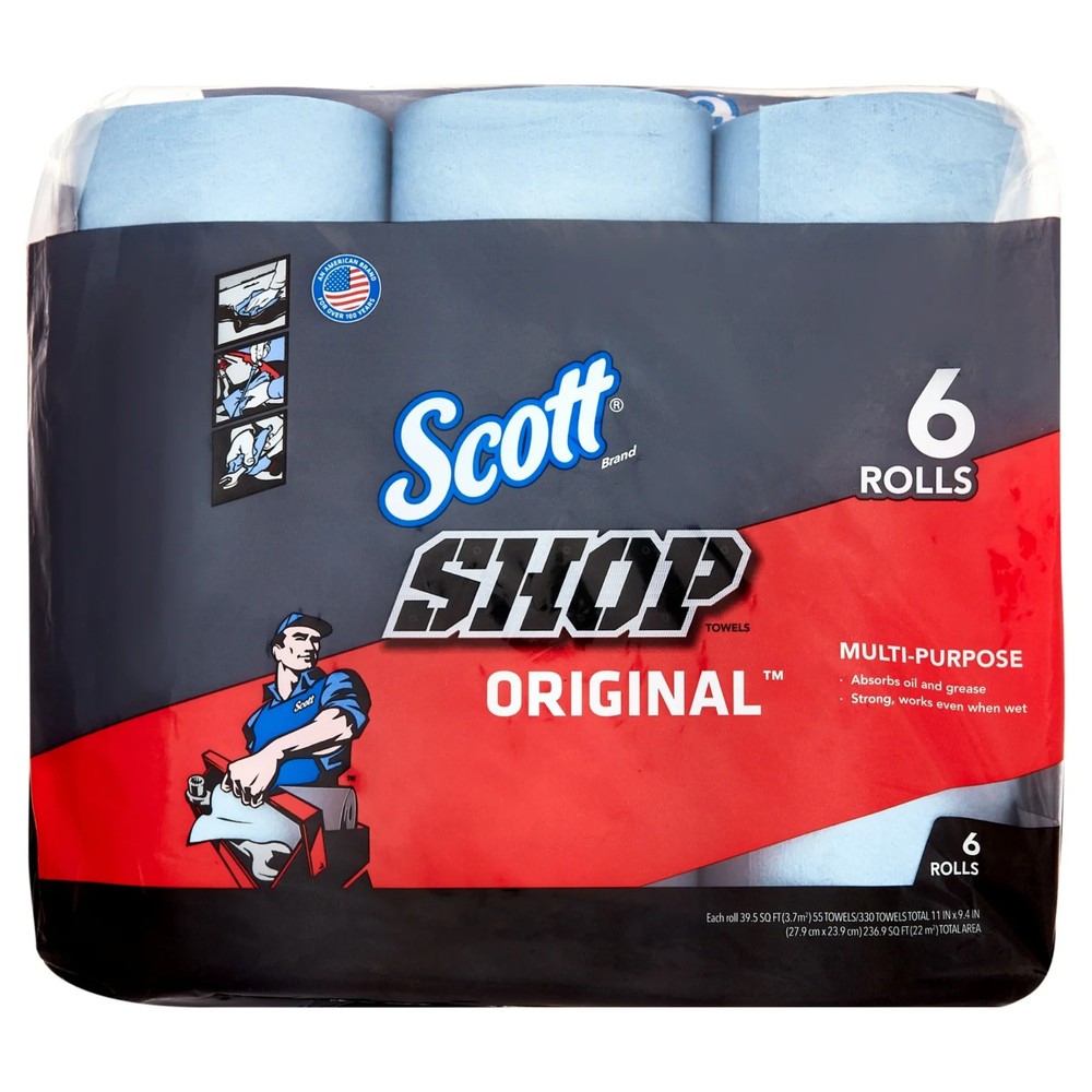 6 Rolls Scott Shop Towels, 55 Sheets per Roll, Heavy Duty Cleaning