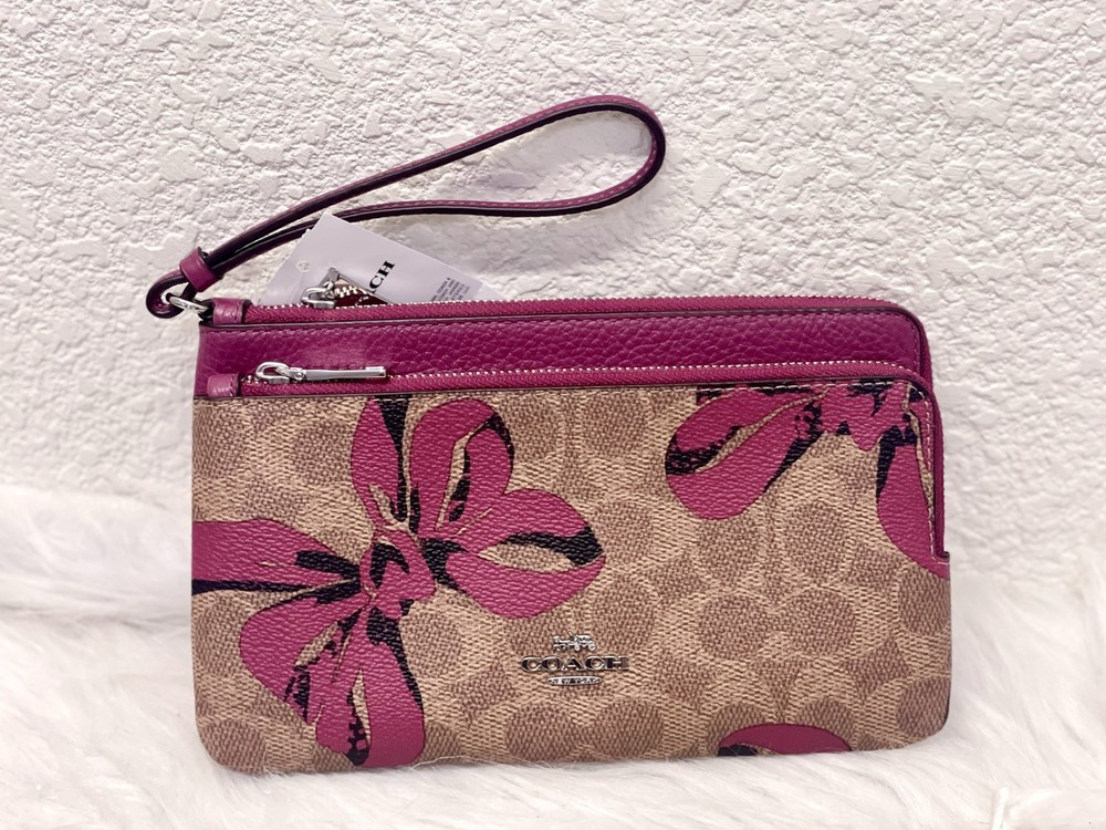 Coach Double Zip Wallet Signature Canvas Bow Print NWT CAA84