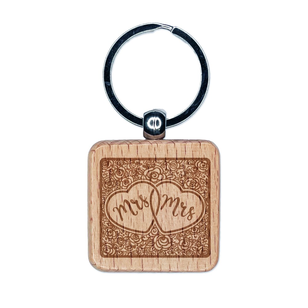 Mrs & Mrs Intertwined Hearts Floral Wedding Engraved Wood Keychain